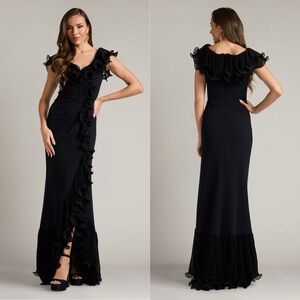 TADASHI SHOJI NEW Leandra Cascading Ruffle Black Gown S